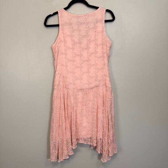 Love Sam Asymmetric Dress S Pink Eyelet V Neck Sleeveless Boho Cottage Crochet - Picture 2 of 9